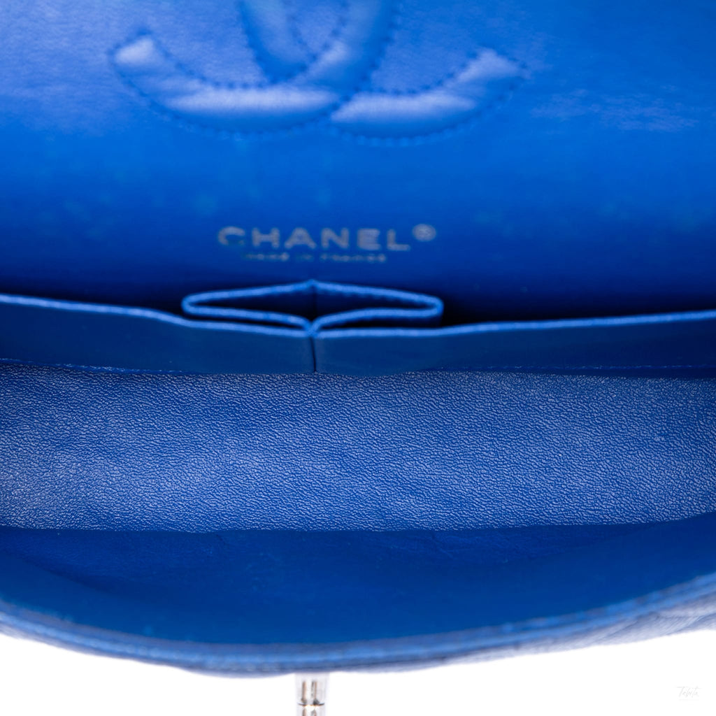 Second hand Chanel Classic Double Flap Medium Caviar Leather Matelassè Shoulder Bag Blue - Tabita Bags