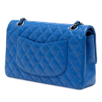 Second hand Chanel Classic Double Flap Medium Caviar Leather Matelassè Shoulder Bag Blue - Tabita Bags