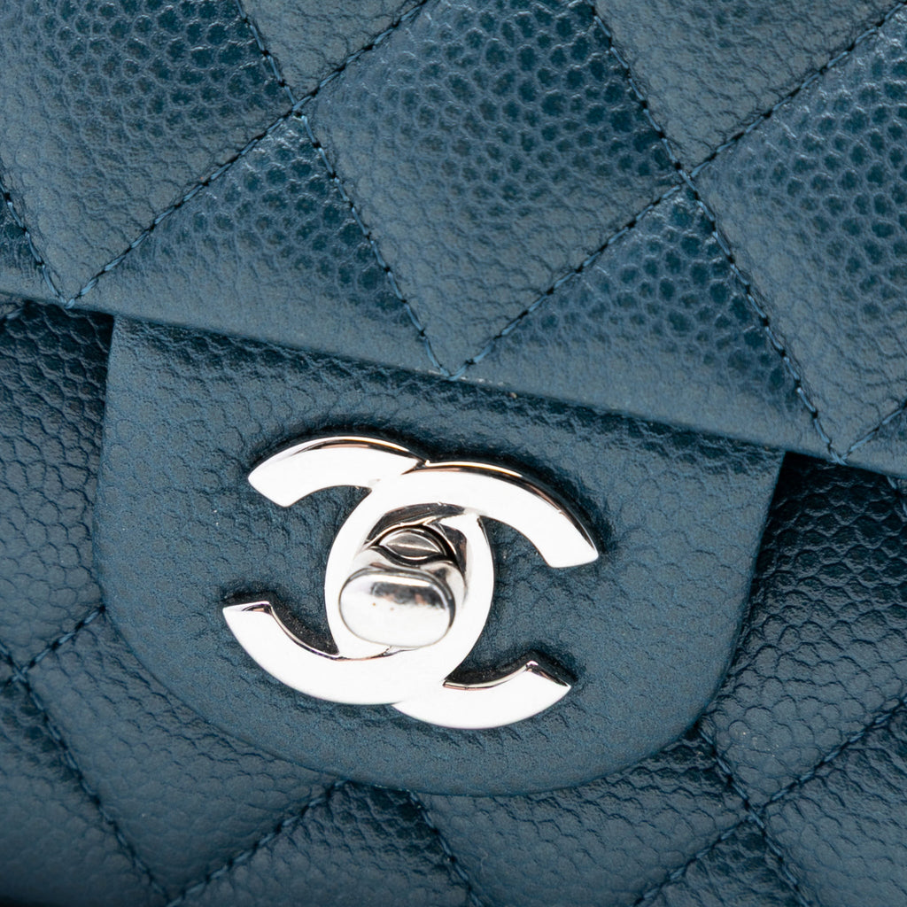 Second hand Chanel Classic Double Flap Medium Caviar Leather Matelassè Shoulder Bag Blue - Tabita Bags