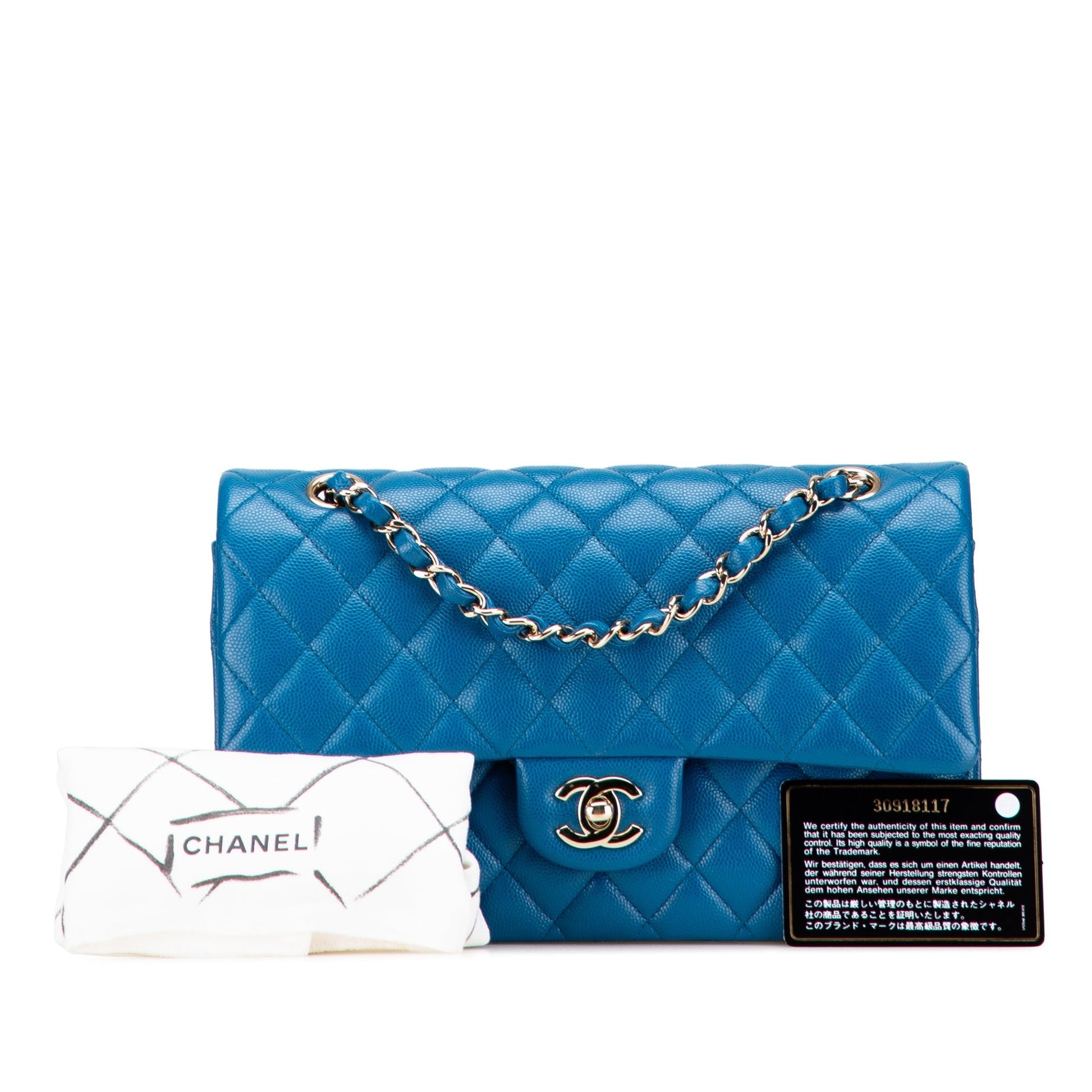 Second hand Chanel Classic Double Flap Medium Caviar Leather Matelassè Shoulder Bag Blue - Tabita Bags