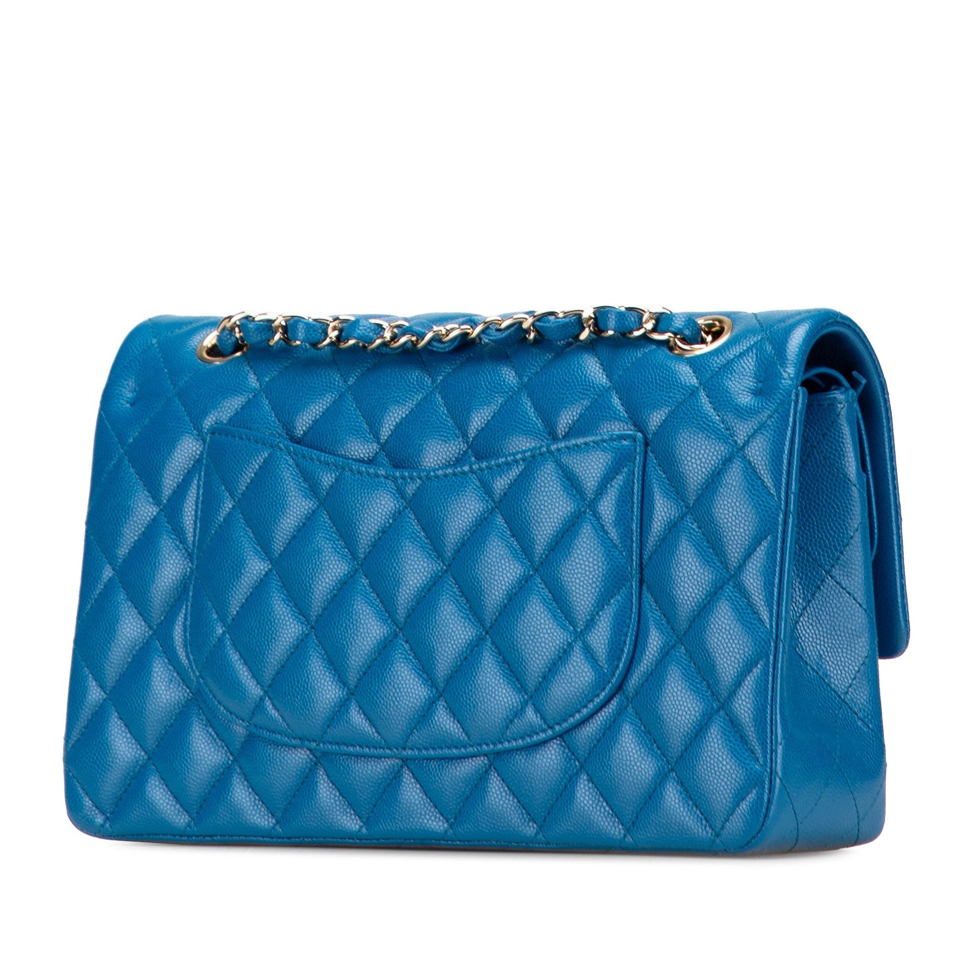 Second hand Chanel Classic Double Flap Medium Caviar Leather Matelassè Shoulder Bag Blue - Tabita Bags