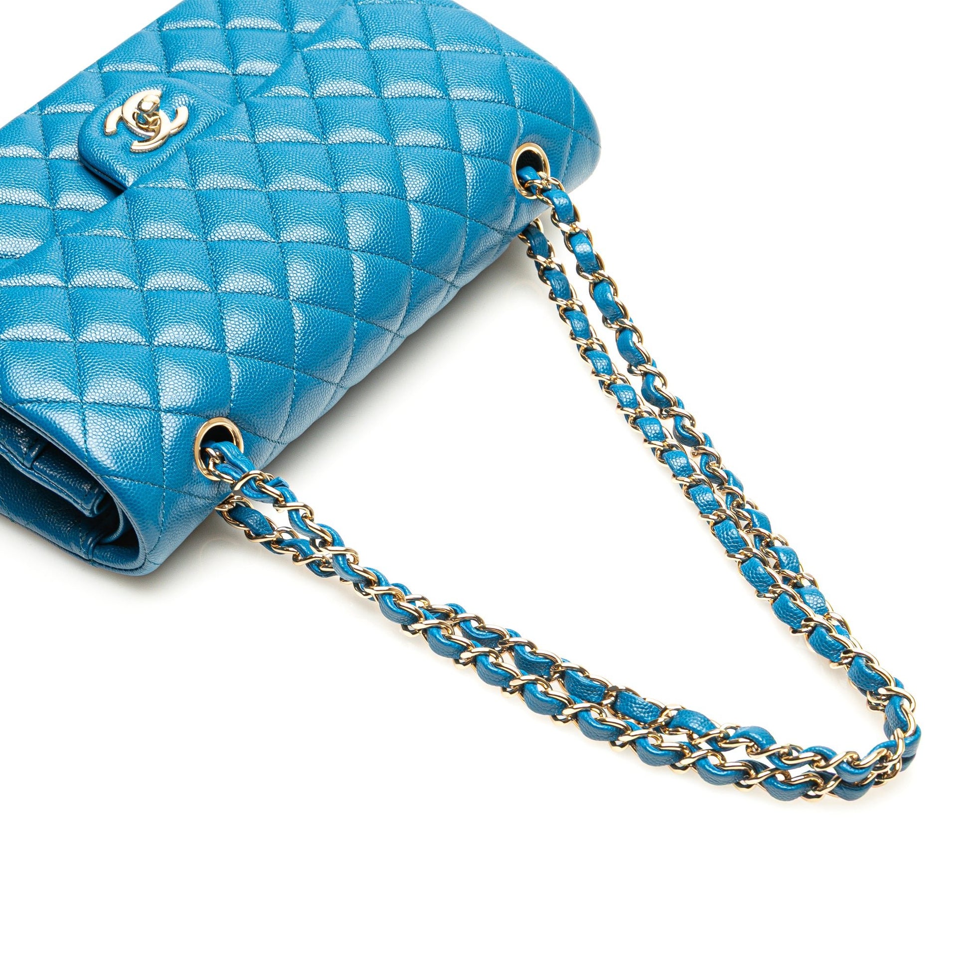 Second hand Chanel Classic Double Flap Medium Caviar Leather Matelassè Shoulder Bag Blue - Tabita Bags