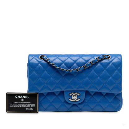 Second hand Chanel Classic Double Flap Medium Caviar Leather Matelassè Shoulder Bag Blue - Tabita Bags