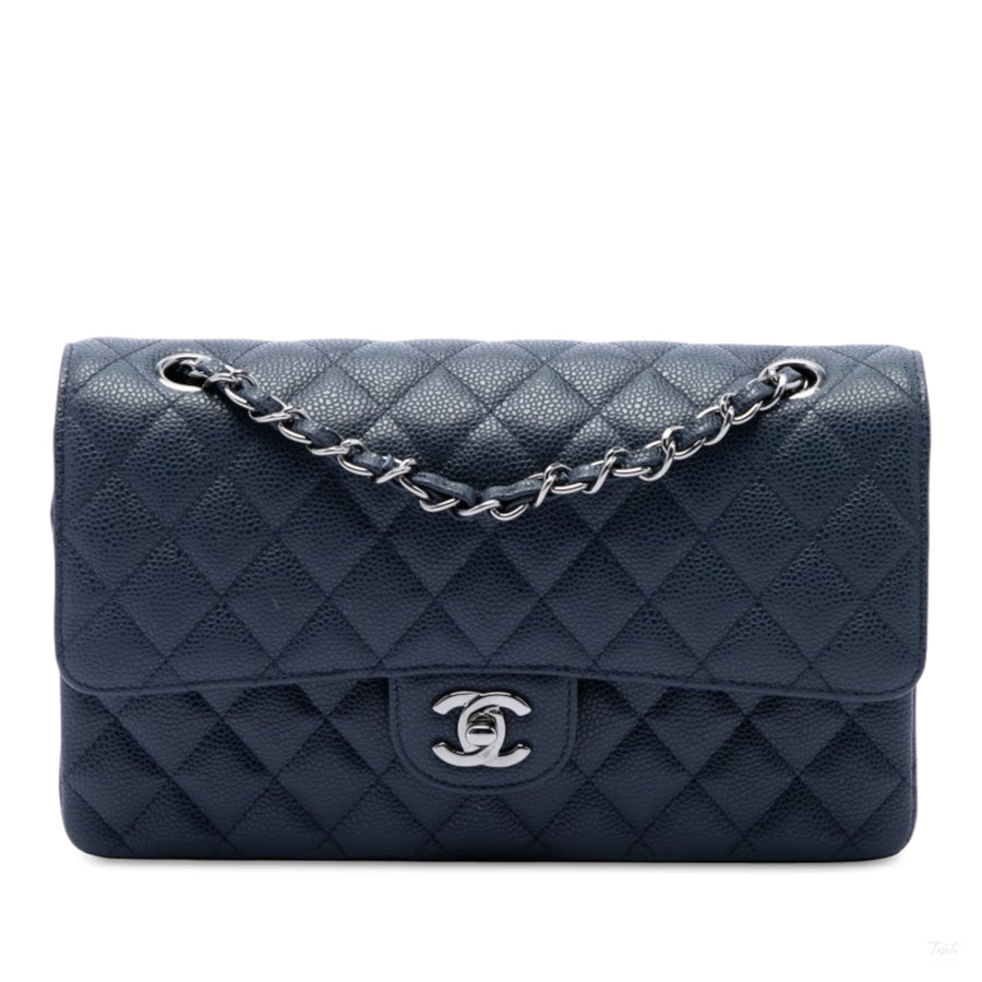 Second hand Chanel Classic Double Flap Medium Caviar Leather Matelassè Shoulder Bag Blue - Tabita Bags