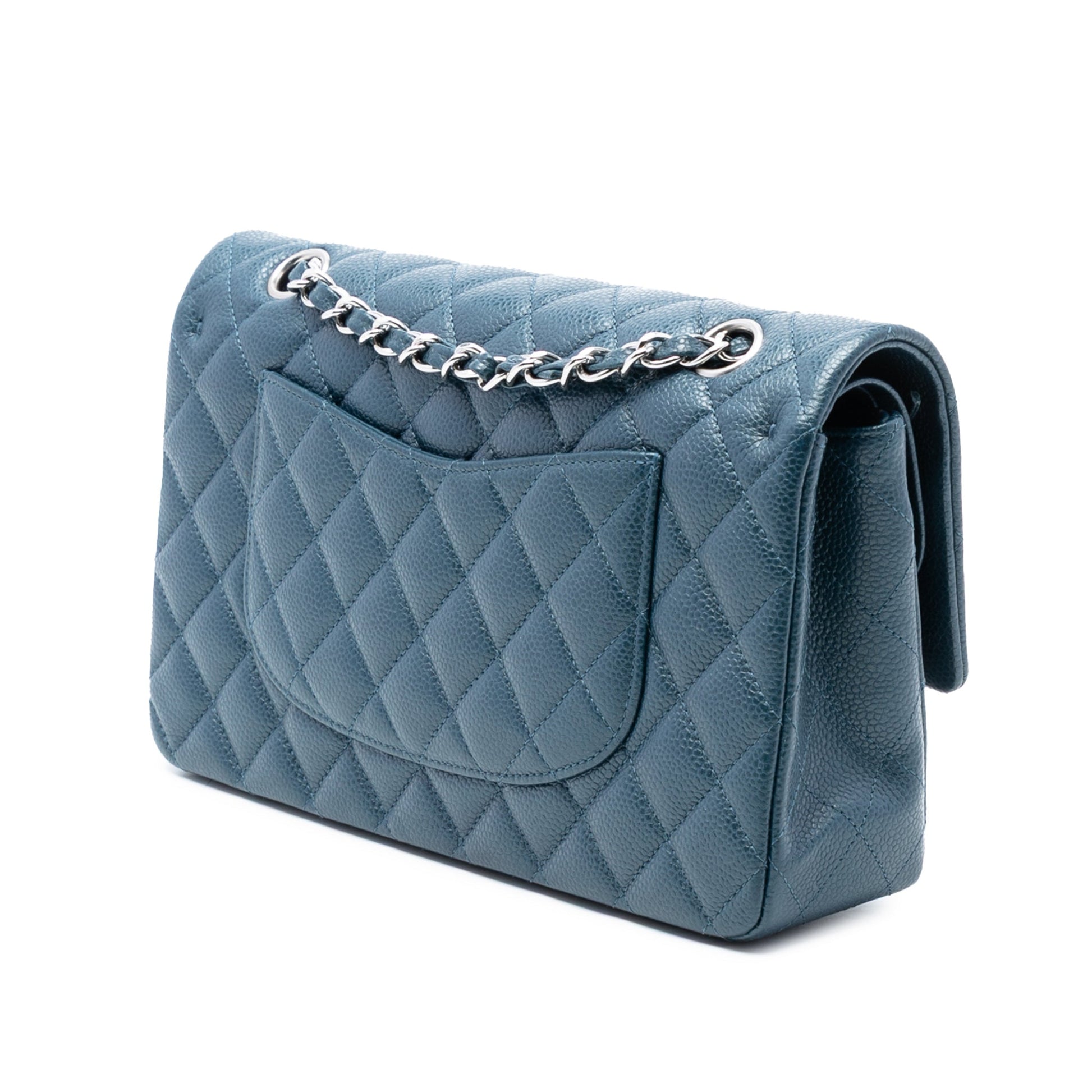 Second hand Chanel Classic Double Flap Medium Caviar Leather Matelassè Shoulder Bag Blue - Tabita Bags