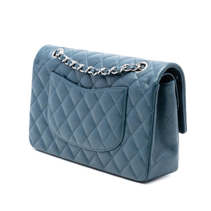 Second hand Chanel Classic Double Flap Medium Caviar Leather Matelassè Shoulder Bag Blue - Tabita Bags