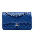 Second hand Chanel Classic Double Flap Medium Caviar Leather Matelassè Shoulder Bag Blue - Tabita Bags