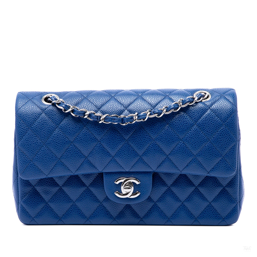 Second hand Chanel Classic Double Flap Medium Caviar Leather Matelassè Shoulder Bag Blue - Tabita Bags