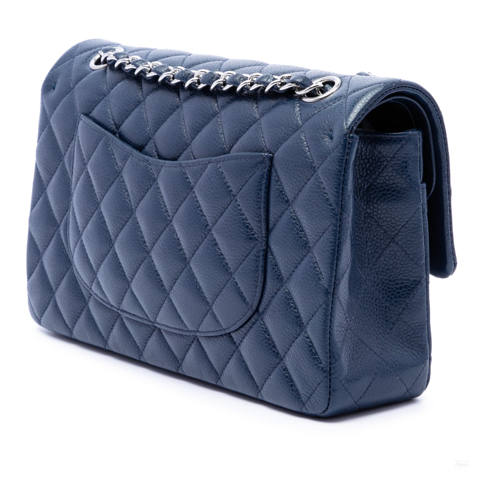 Second hand Chanel Classic Double Flap Medium Caviar Leather Matelassè Shoulder Bag Blue - Tabita Bags
