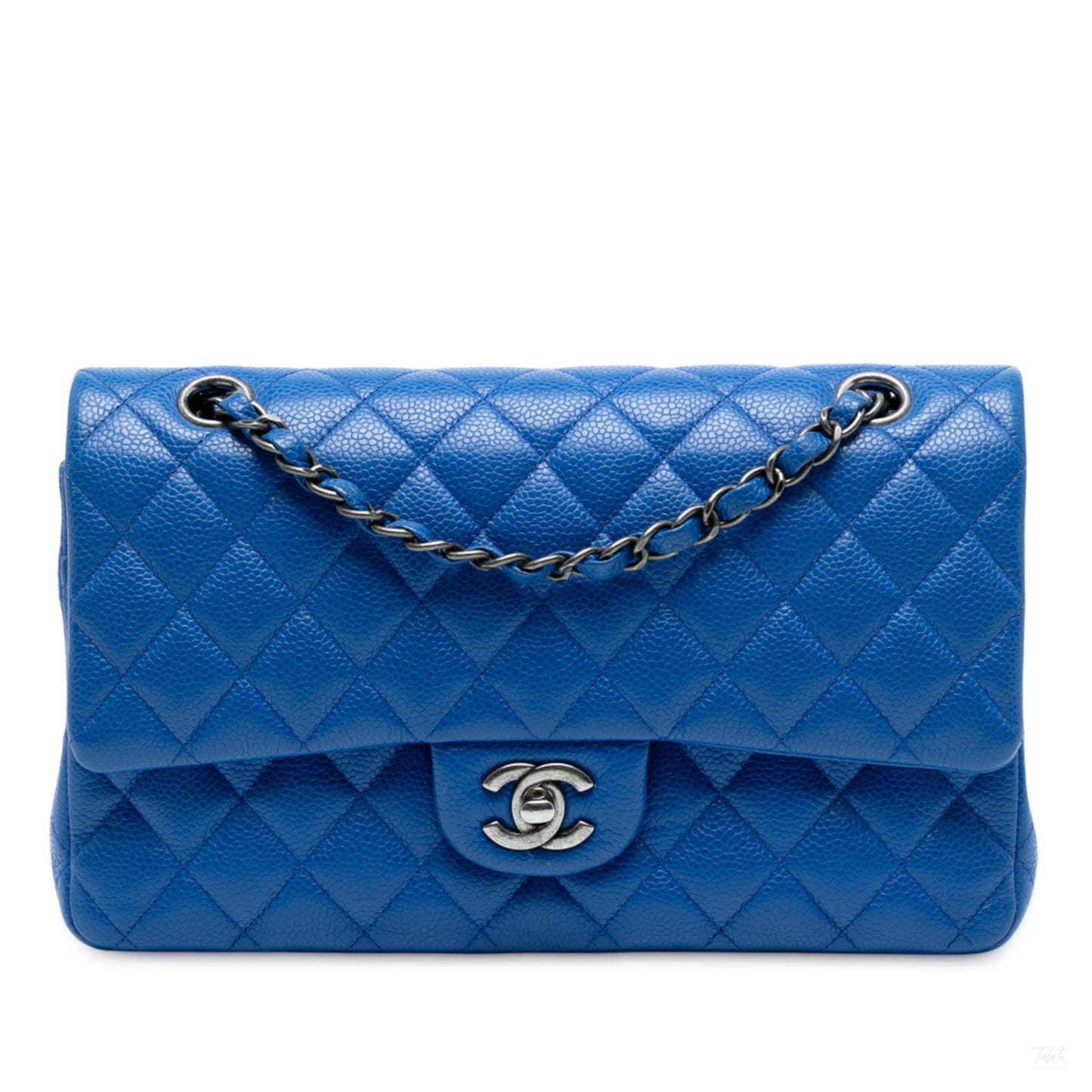 Second hand Chanel Classic Double Flap Medium Caviar Leather Matelassè Shoulder Bag Blue - Tabita Bags