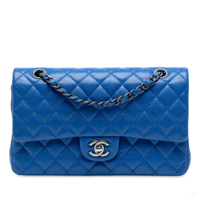 Second hand Chanel Classic Double Flap Medium Caviar Leather Matelassè Shoulder Bag Blue - Tabita Bags