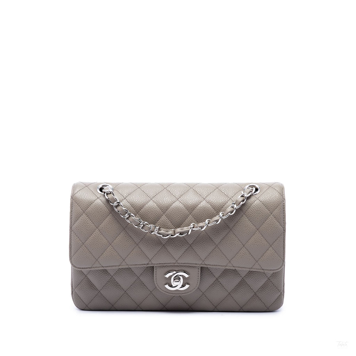 Second hand Chanel Classic Double Flap Medium Caviar Leather Matelassè Shoulder Bag Grey - Tabita Bags