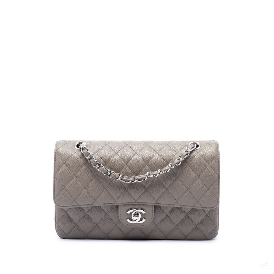 Second hand Chanel Classic Double Flap Medium Caviar Leather Matelassè Shoulder Bag Grey - Tabita Bags