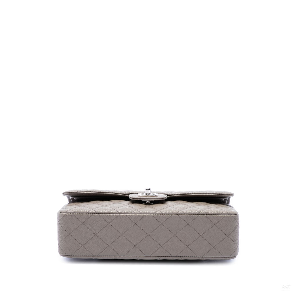 Second hand Chanel Classic Double Flap Medium Caviar Leather Matelassè Shoulder Bag Grey - Tabita Bags