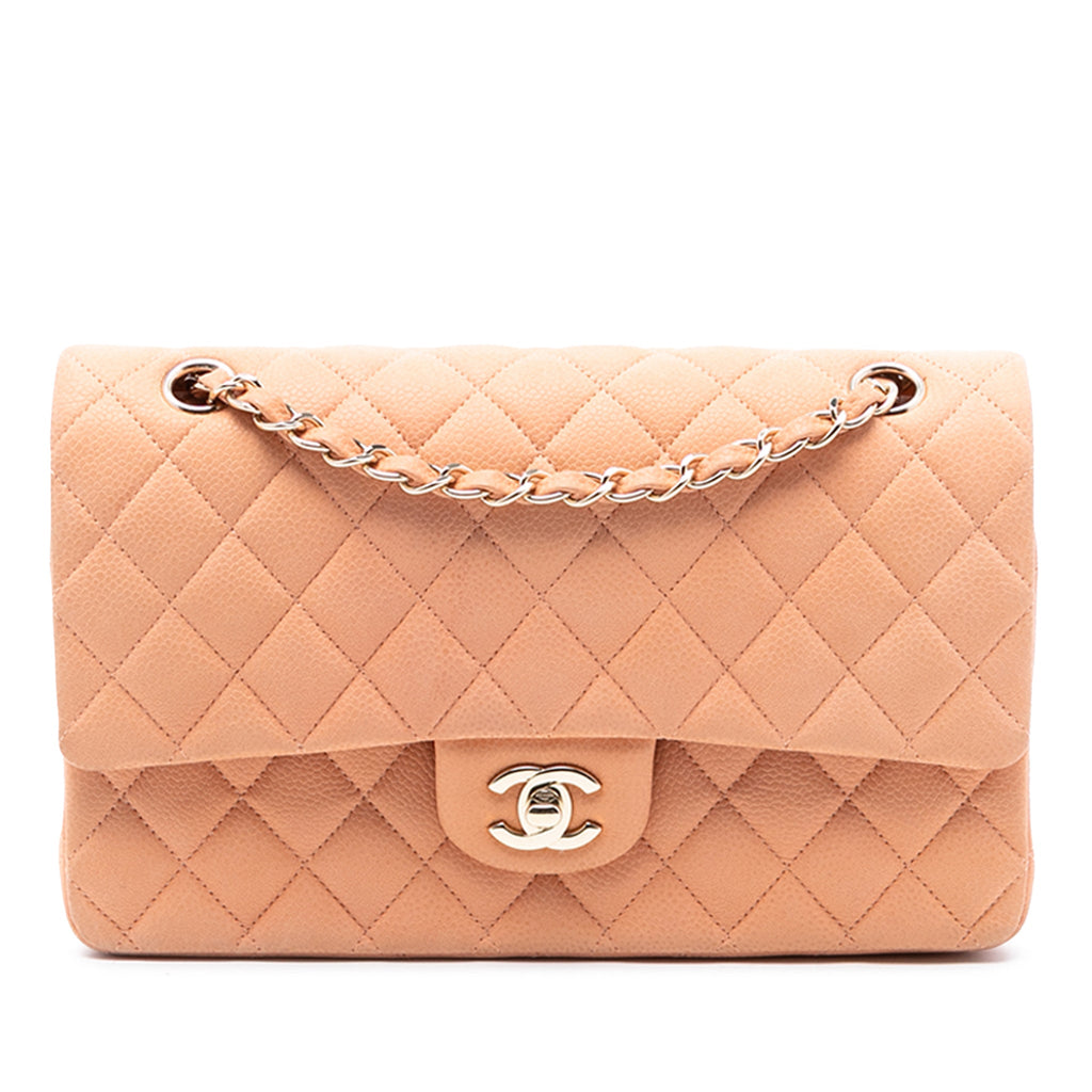 Second hand Chanel Classic Double Flap Medium Caviar Leather Matelassè Shoulder Bag Orange - Tabita Bags