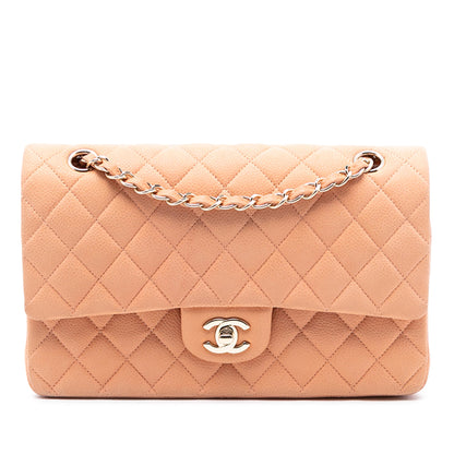 Second hand Chanel Classic Double Flap Medium Caviar Leather Matelassè Shoulder Bag Orange - Tabita Bags