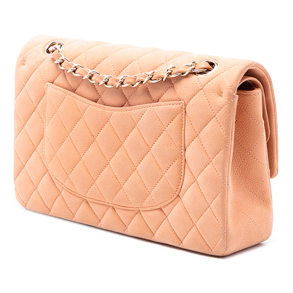 Second hand Chanel Classic Double Flap Medium Caviar Leather Matelassè Shoulder Bag Orange - Tabita Bags