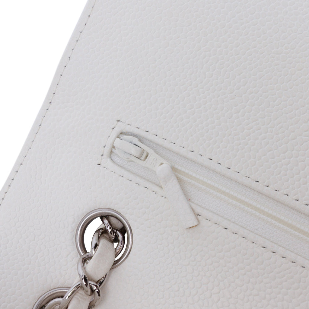 Second hand Chanel Classic Double Flap Medium Caviar Leather Matelassè Shoulder Bag White - Tabita Bags