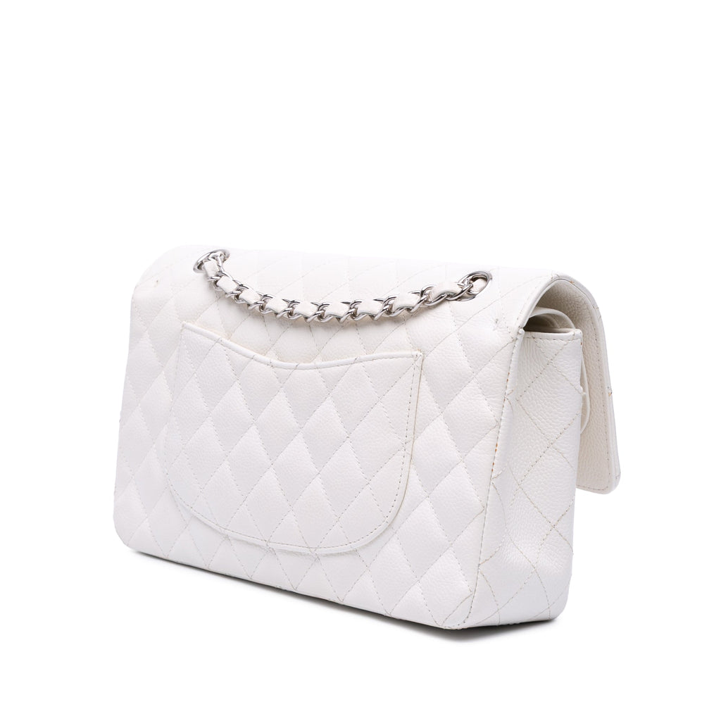 Second hand Chanel Classic Double Flap Medium Caviar Leather Matelassè Shoulder Bag White - Tabita Bags
