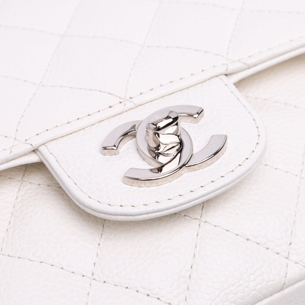 Second hand Chanel Classic Double Flap Medium Caviar Leather Matelassè Shoulder Bag White - Tabita Bags