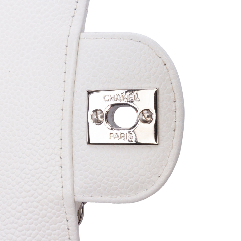 Second hand Chanel Classic Double Flap Medium Caviar Leather Matelassè Shoulder Bag White - Tabita Bags