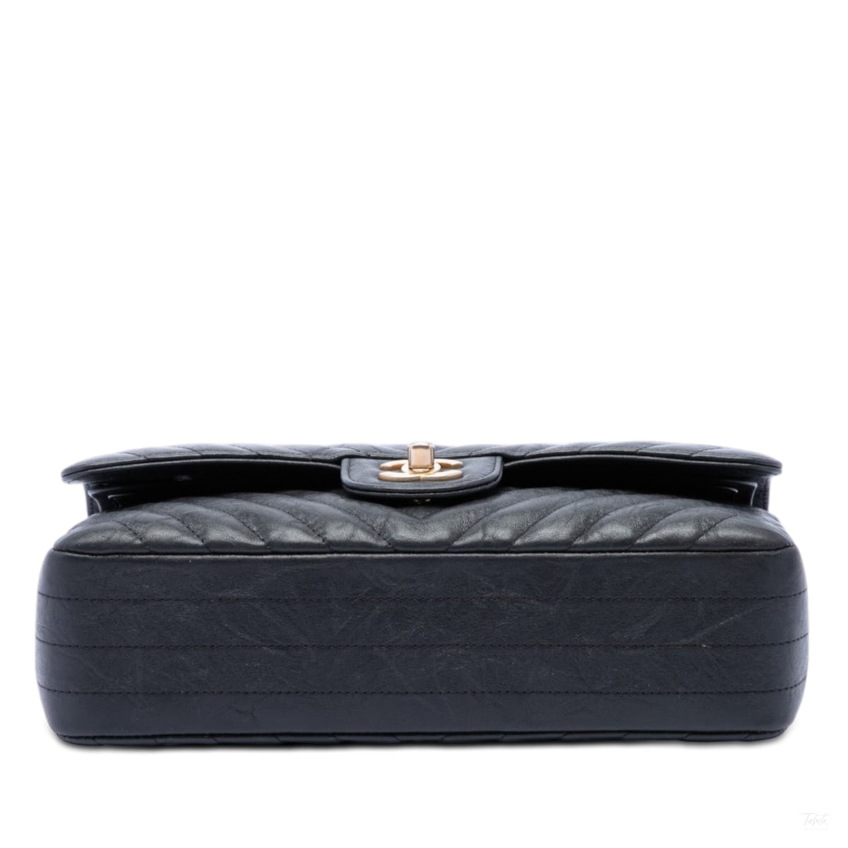 Second hand Chanel Classic Double Flap Medium Crumpled Calfskin Leather Chevron Shoulder Bag Black - Tabita Bags