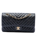 Second hand Chanel Classic Double Flap Medium Crumpled Calfskin Leather Chevron Shoulder Bag Black - Tabita Bags