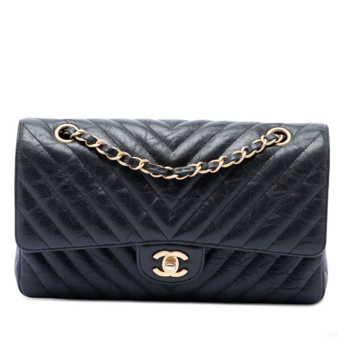 Second hand Chanel Classic Double Flap Medium Crumpled Calfskin Leather Chevron Shoulder Bag Black - Tabita Bags