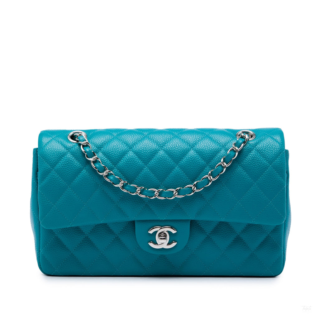 Second hand Chanel Classic Double Flap Medium Iridescent Caviar Leather Matelassè Shoulder Bag Blue - Tabita Bags