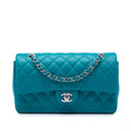 Second hand Chanel Classic Double Flap Medium Iridescent Caviar Leather Matelassè Shoulder Bag Blue - Tabita Bags