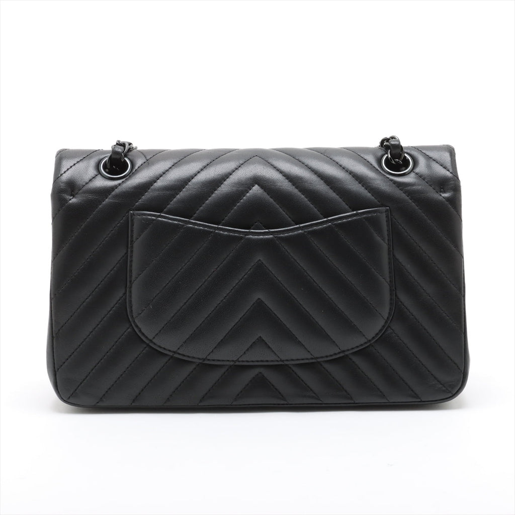 Second hand Chanel Classic Double Flap Medium Lambskin Leather Chevron Shoulder Bag Black - Tabita Bags
