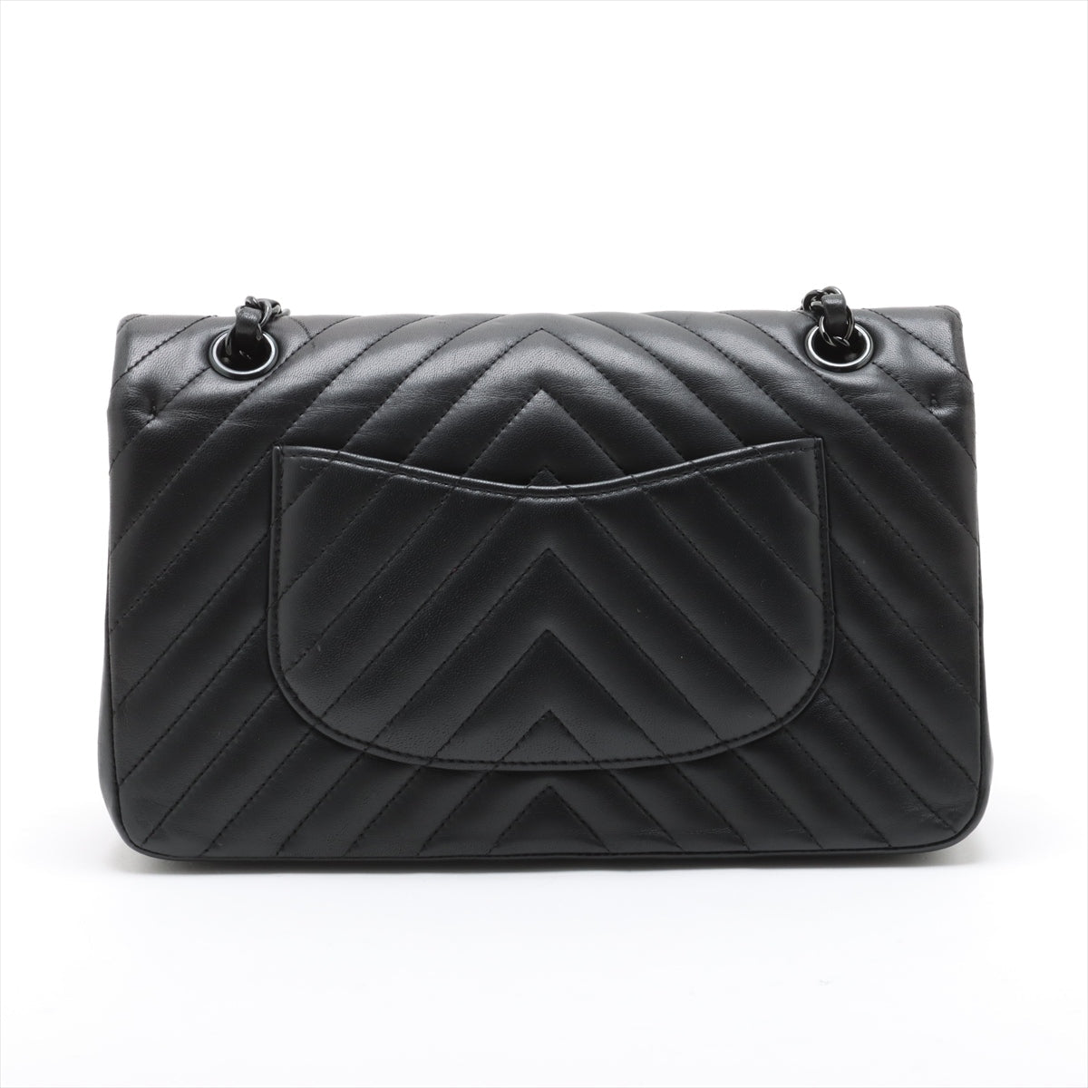 Second hand Chanel Classic Double Flap Medium Lambskin Leather Chevron Shoulder Bag Black - Tabita Bags