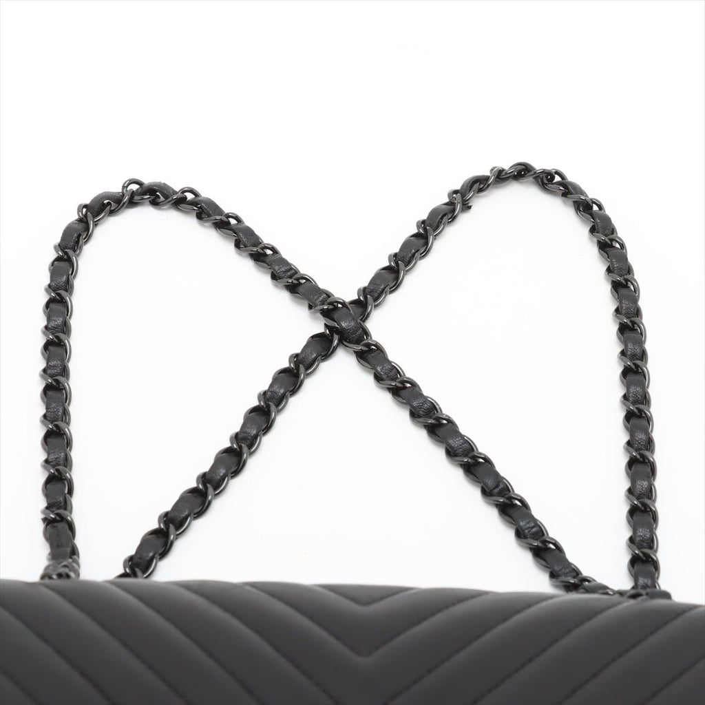 Second hand Chanel Classic Double Flap Medium Lambskin Leather Chevron Shoulder Bag Black - Tabita Bags