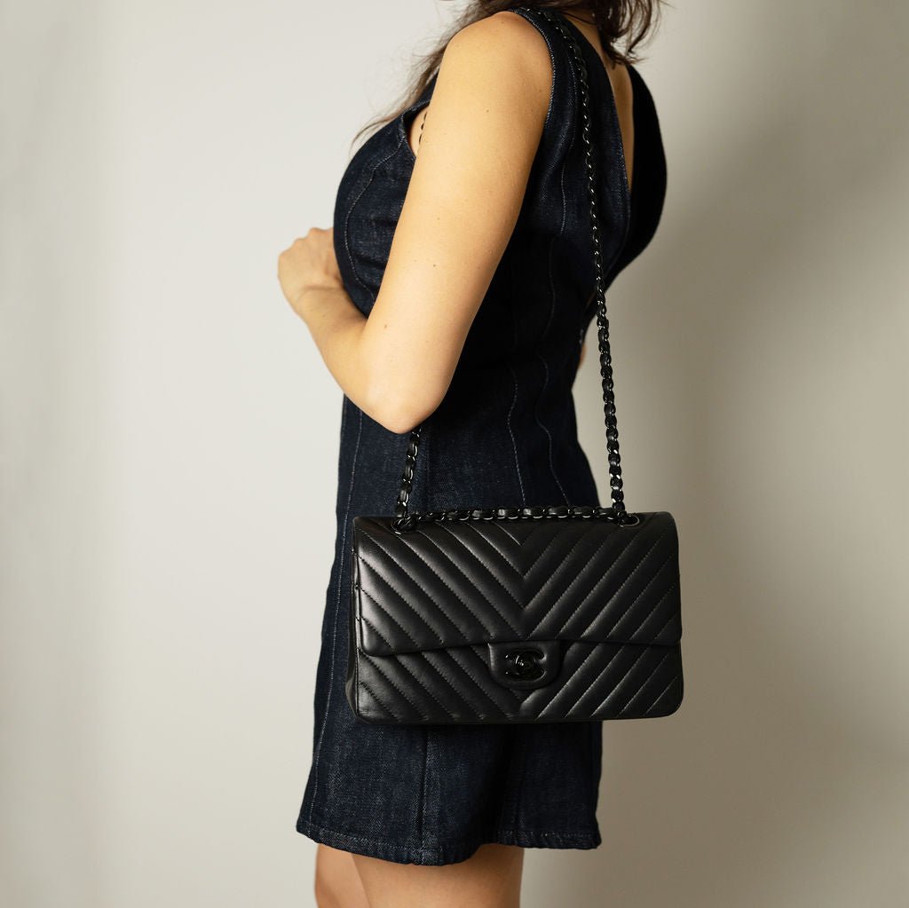 Second hand Chanel Classic Double Flap Medium Lambskin Leather Chevron Shoulder Bag Black - Tabita Bags