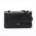 Second hand Chanel Classic Double Flap Medium Lambskin Leather Chevron Shoulder Bag Black - Tabita Bags