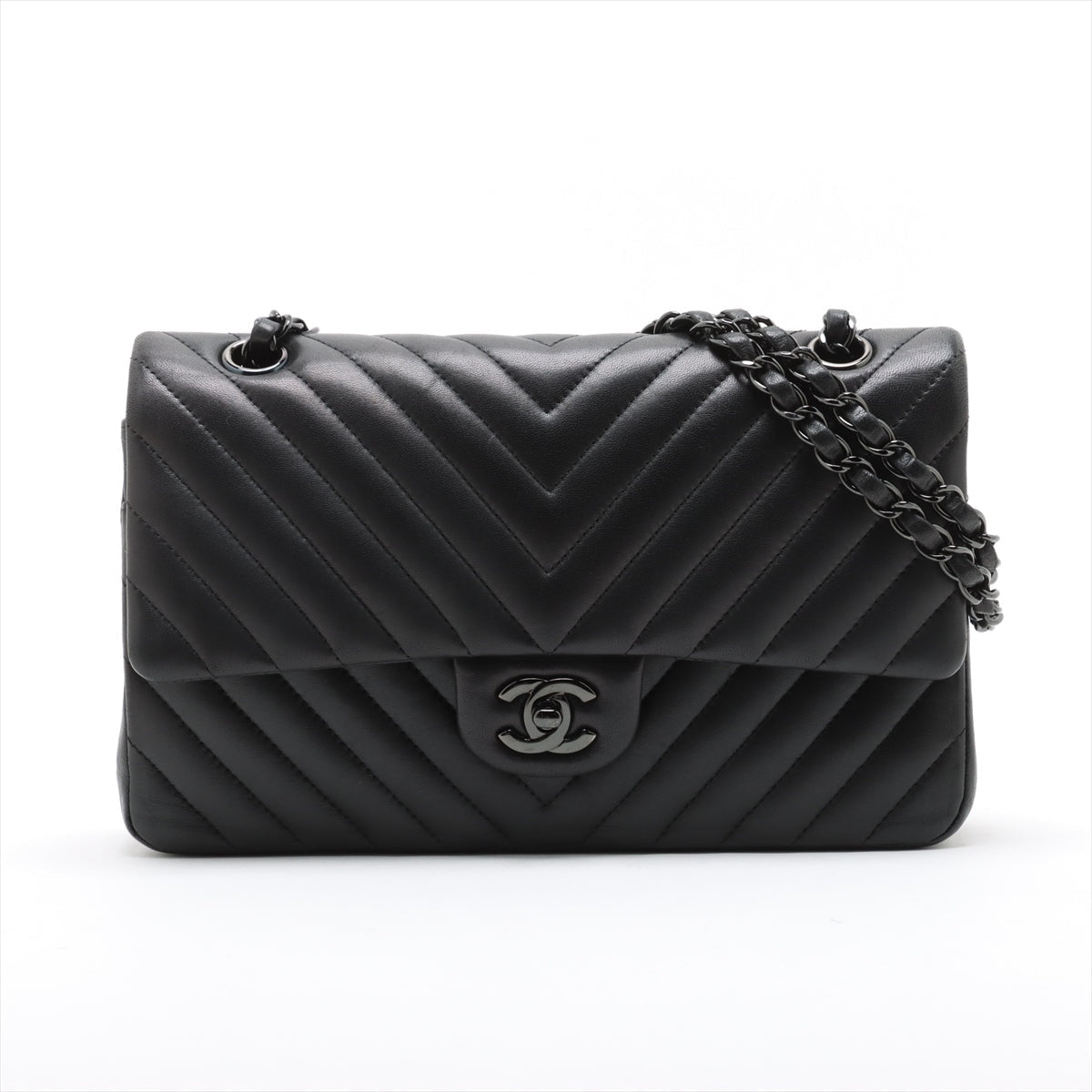 Second hand Chanel Classic Double Flap Medium Lambskin Leather Chevron Shoulder Bag Black - Tabita Bags