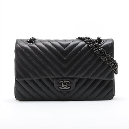 Second hand Chanel Classic Double Flap Medium Lambskin Leather Chevron Shoulder Bag Black - Tabita Bags