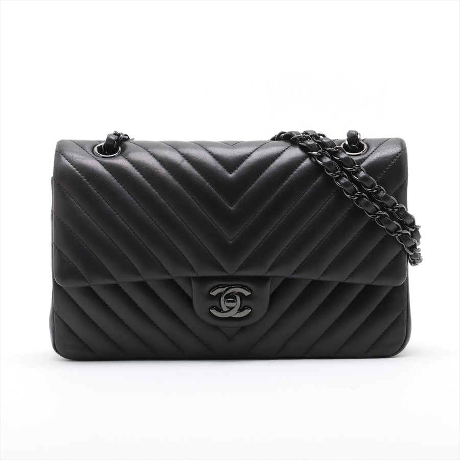 Second hand Chanel Classic Double Flap Medium Lambskin Leather Chevron Shoulder Bag Black - Tabita Bags