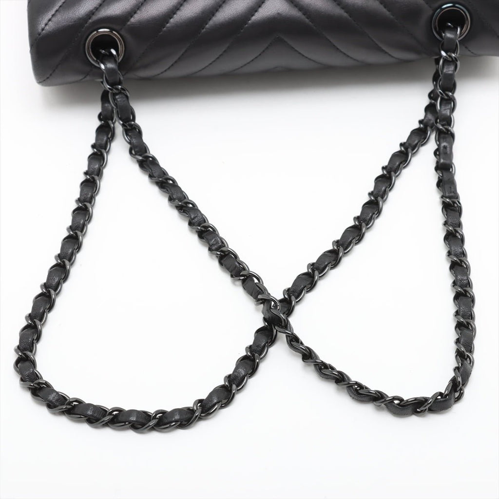 Second hand Chanel Classic Double Flap Medium Lambskin Leather Chevron Shoulder Bag Black - Tabita Bags