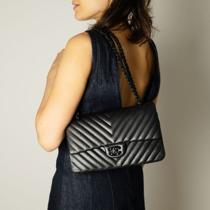 Second hand Chanel Classic Double Flap Medium Lambskin Leather Chevron Shoulder Bag Black - Tabita Bags