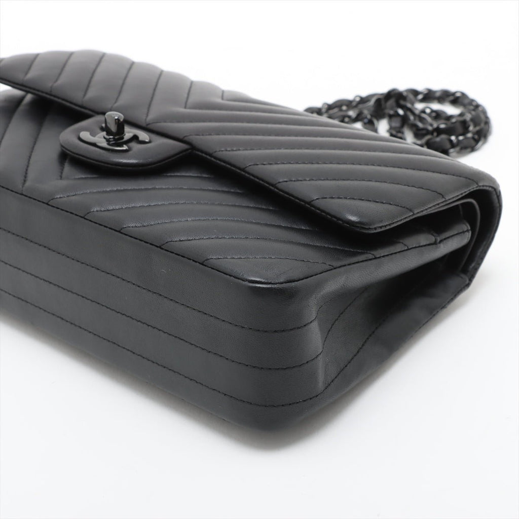 Second hand Chanel Classic Double Flap Medium Lambskin Leather Chevron Shoulder Bag Black - Tabita Bags