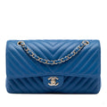 Second hand Chanel Classic Double Flap Medium Lambskin Leather Chevron Shoulder Bag Blue - Tabita Bags