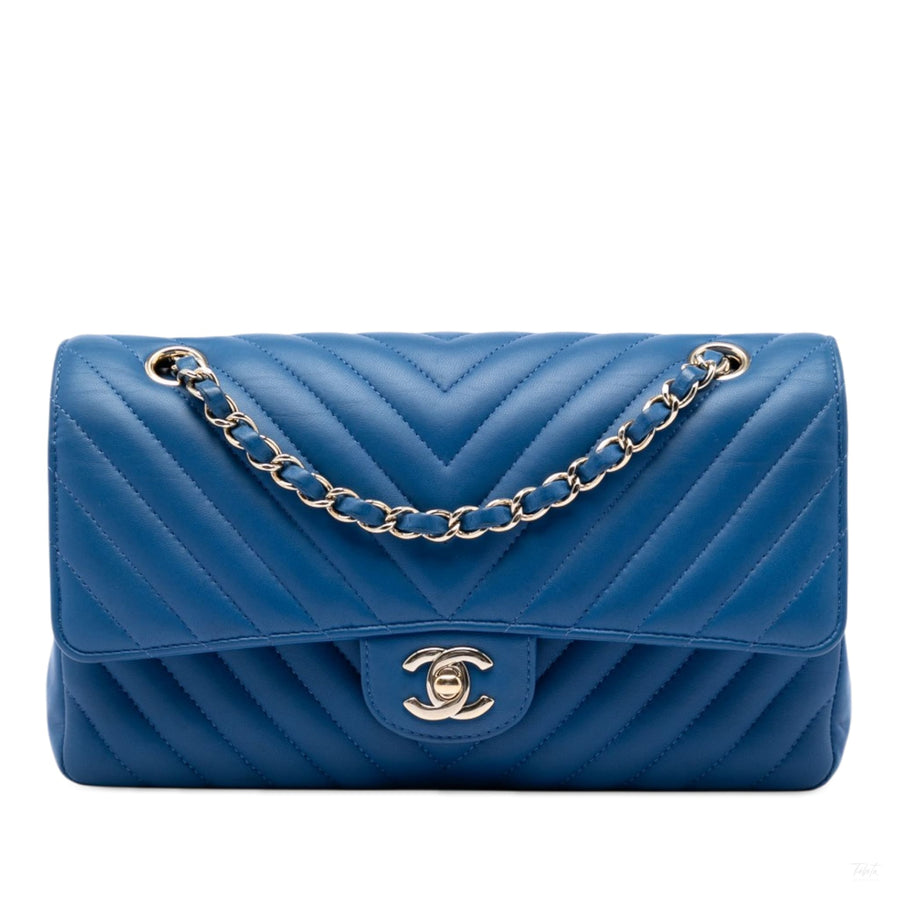Second hand Chanel Classic Double Flap Medium Lambskin Leather Chevron Shoulder Bag Blue - Tabita Bags