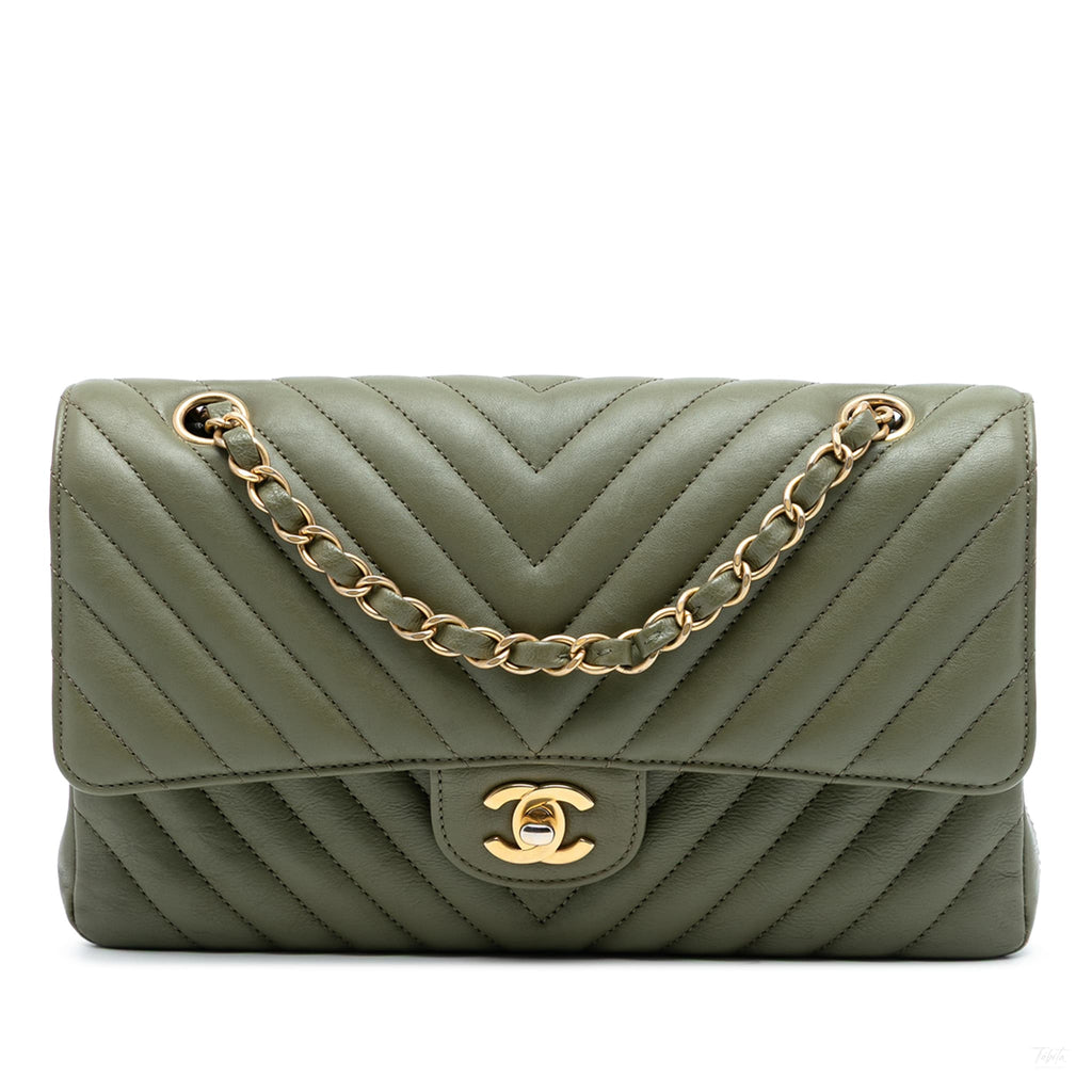 Second hand Chanel Classic Double Flap Medium Lambskin Leather Chevron Shoulder Bag Green - Tabita Bags