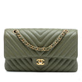 Second hand Chanel Classic Double Flap Medium Lambskin Leather Chevron Shoulder Bag Green - Tabita Bags