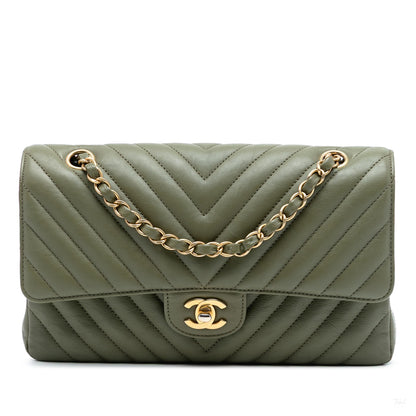 Second hand Chanel Classic Double Flap Medium Lambskin Leather Chevron Shoulder Bag Green - Tabita Bags