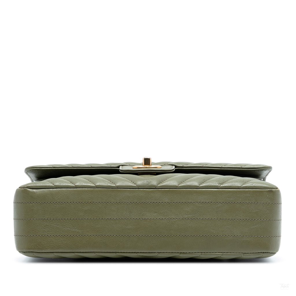 Second hand Chanel Classic Double Flap Medium Lambskin Leather Chevron Shoulder Bag Green - Tabita Bags