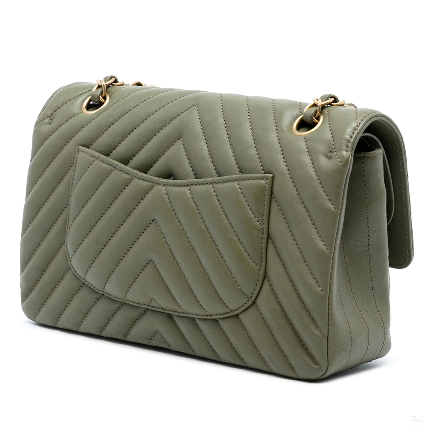 Second hand Chanel Classic Double Flap Medium Lambskin Leather Chevron Shoulder Bag Green - Tabita Bags