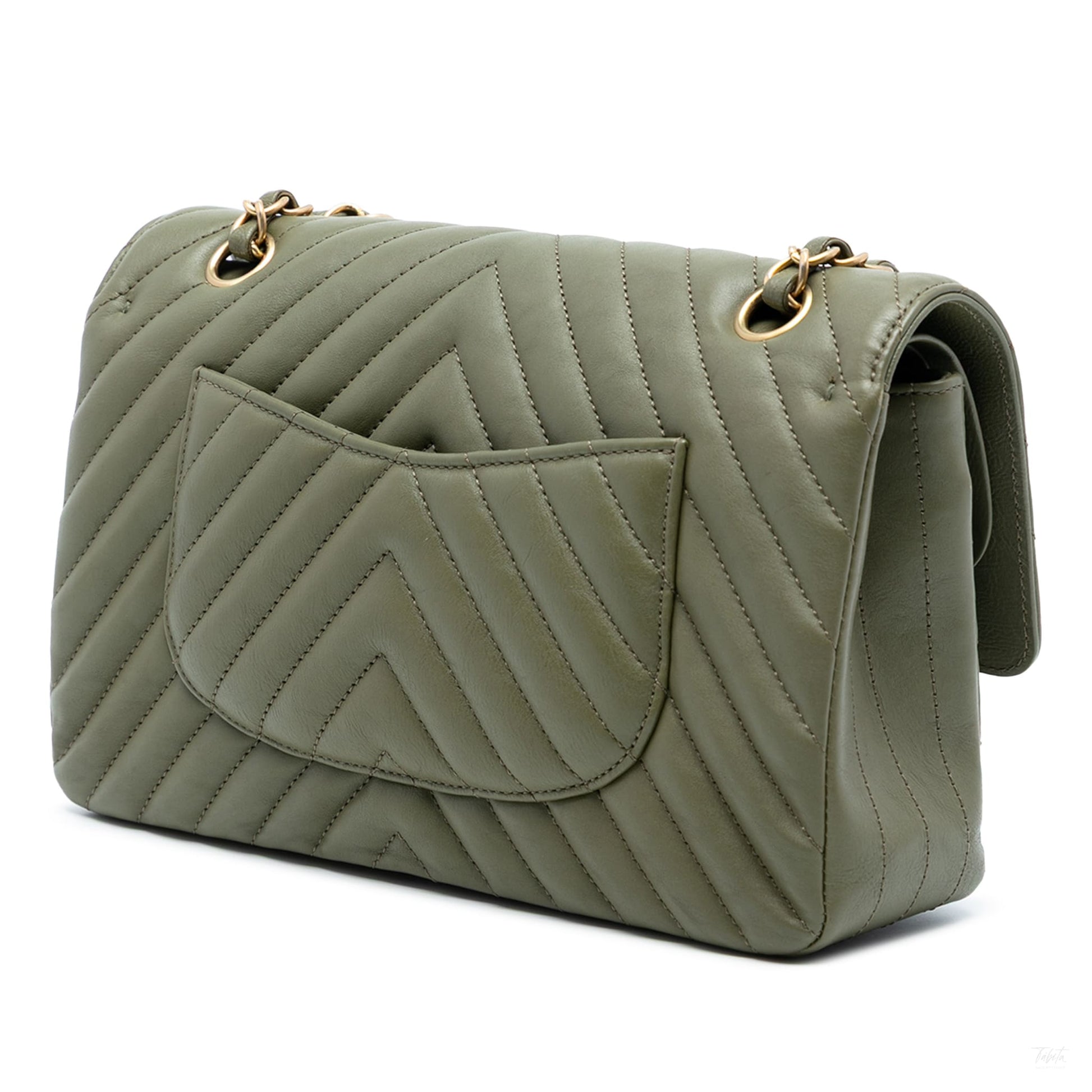Second hand Chanel Classic Double Flap Medium Lambskin Leather Chevron Shoulder Bag Green - Tabita Bags
