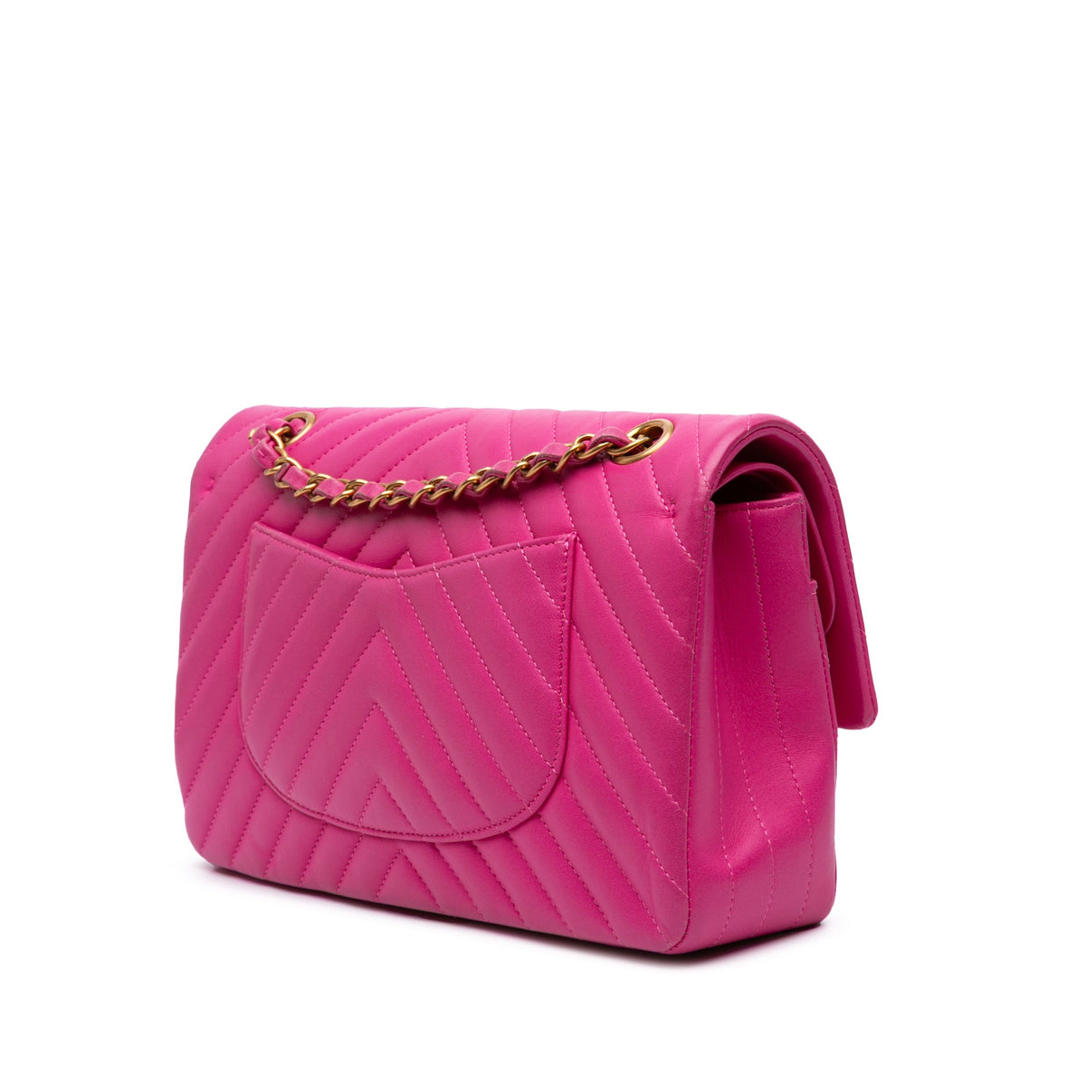 Second hand Chanel Classic Double Flap Medium Lambskin Leather Chevron Shoulder Bag Pink - Tabita Bags